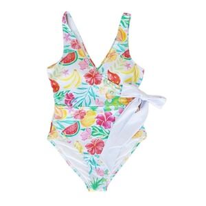 Caden Lane Womens Tropical Fruit Floral Criss Cross One Piece Swimsuit XL NEW